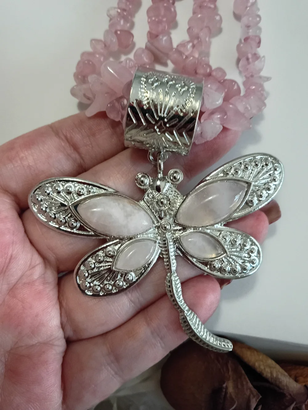 Rose Quartz Silver Dragonfly Pendant Necklace Multi Strand Gorgeous